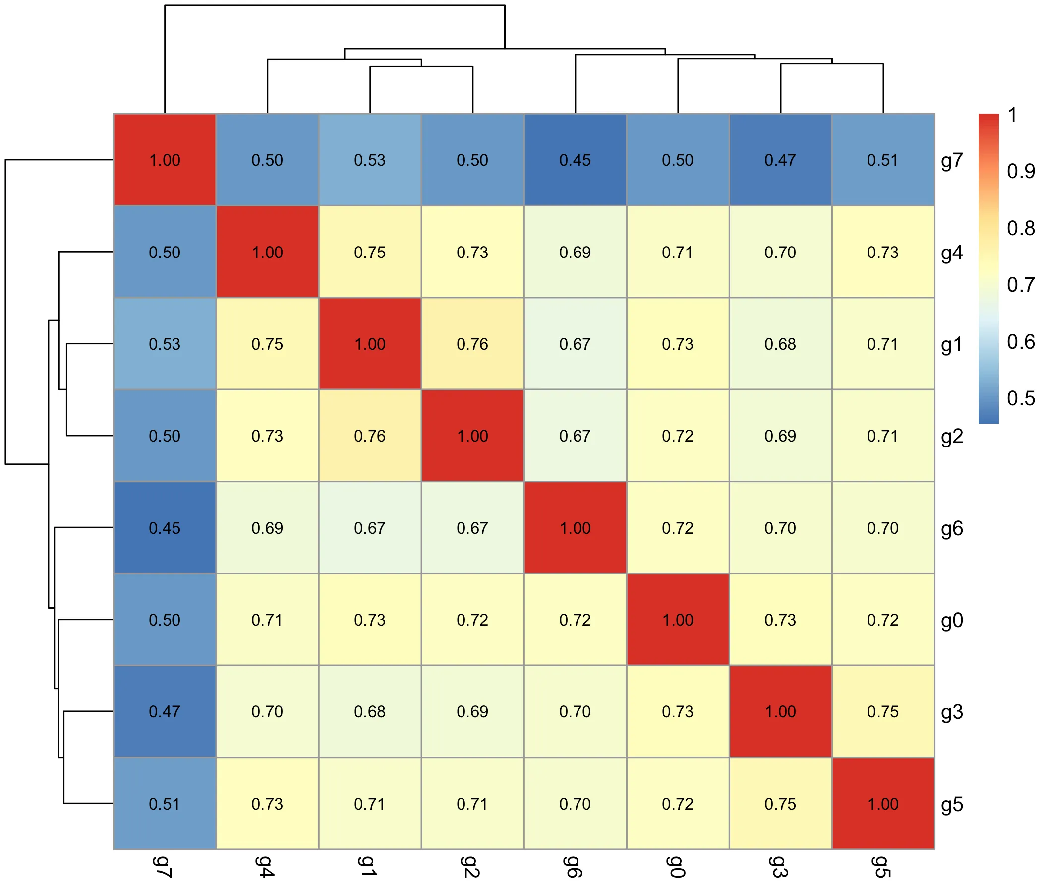 Figure 6: Cluster–cluster correlation heatmap. Average expression correlations across the eight identified clusters. Epithelial clusters (g1, g2) show strong similarity, while fibroblast and immune clusters form distinct groups with lower inter-group correlations.